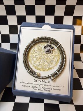Dog Mom Genuine Leather CZ Adjustable Bracelet - Silver